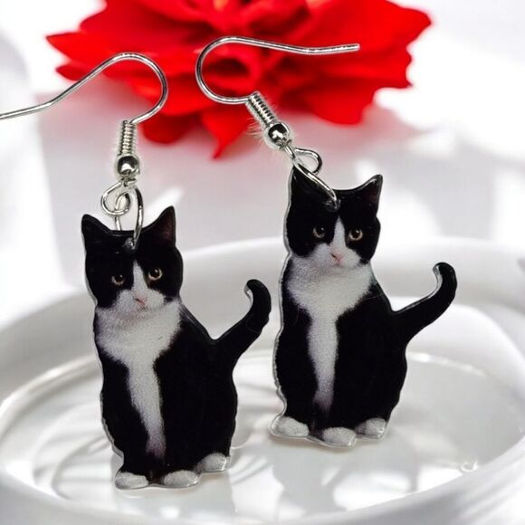 Black Tuxedo Cat 🐈‍⬛ Earrings Animal Dangle Shiny Acrylic Tux Kitty Cute Gift - Picture 5 of 9